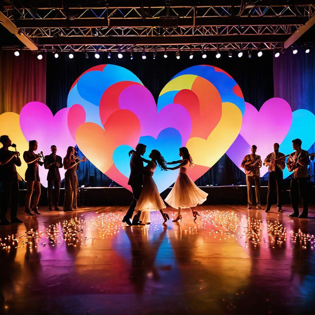 A vibrant stage set with a couple dancing passionately under soft, romantic lighting, while musicians play heartfelt melodies in the background. Surrounding them, colorful hearts float in the air, symbolizing love and togetherness. Create an atmosphere filled with joy and connection, showcasing diverse performers celebrating unity through art. super-realistic. vibrant colors. soft lighting.
