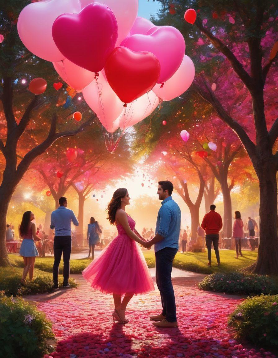 A lively community gathering scene set in a colorful park, with couples engaging in art activities, surrounded by heart-shaped balloons and flowing fabrics. An artist captures the romance with a large canvas, displaying vibrant hues of red and pink. Friends laugh and dance, sharing moments of joy, while soft fairy lights twinkle overhead at sunset. The atmosphere is warm and inviting, celebrating love and creativity. vibrant colors. super-realistic. dynamic composition.