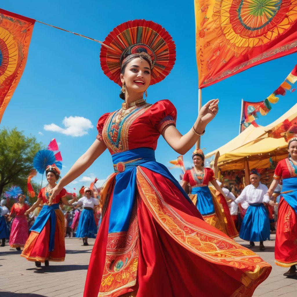 A lively outdoor community event showcasing diverse cultural heritage, featuring vibrant traditional costumes, dancers performing in motion, and colorful art installations. Capture the energy of creativity with a backdrop of art banners and local artisans at work, all infused with a sense of unity and celebration. Add a bright blue sky to enhance the festive atmosphere. super-realistic. vibrant colors. 3D.